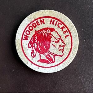 5/$20 Wooden Nickel International Maintenance Institute IMI 1.5" x1/8" Red Ink